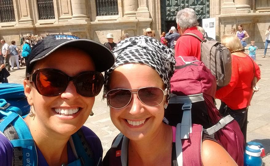 Two pilgrim women, Cat and Mirva, with inexpensive Camino earings