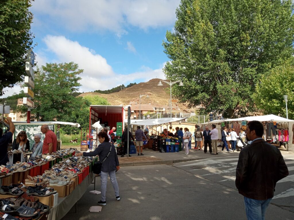 People walking around an open-air market.